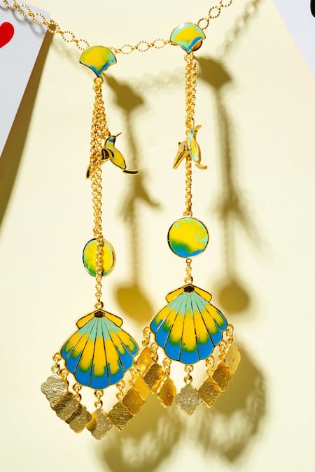 Bauble Bazaar Blue Tassels, Chains Celeste Ripple Shell Earrings Online at Aza Fashions Bauble Bazaar_Blue Tassels, Chains Celeste Ripple Shell Earrings _Online_at_Aza_Fashions