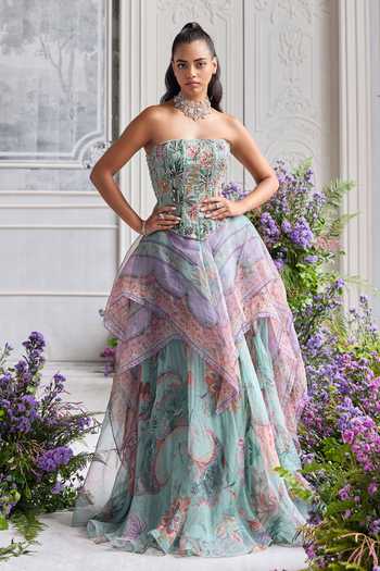 Shop Mahima Mahajan Green Silk Organza Beads, Sequins, Shakira Corset And Printed Lehenga Set Shop_Mahima Mahajan_Green Silk Organza Beads, Sequins, Shakira Corset And Printed Lehenga Set