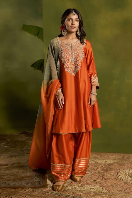 Kritika Dawar Rust Silk, Tissue Embroidery, Zari Round Neck, Yes Roohani Hand Kurta Set Online at Aza Fashions Kritika Dawar_Rust Silk, Tissue Embroidery, Zari Round Neck, Yes Roohani Hand Kurta Set _Online_at_Aza_Fashions
