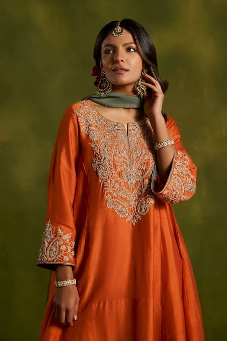 Shop Kritika Dawar Rust Silk, Tissue Embroidery, Zari Round Neck, Yes Roohani Hand Kurta Set Online at Aza Fashions Shop_Kritika Dawar_Rust Silk, Tissue Embroidery, Zari Round Neck, Yes Roohani Hand Kurta Set _Online_at_Aza_Fashions