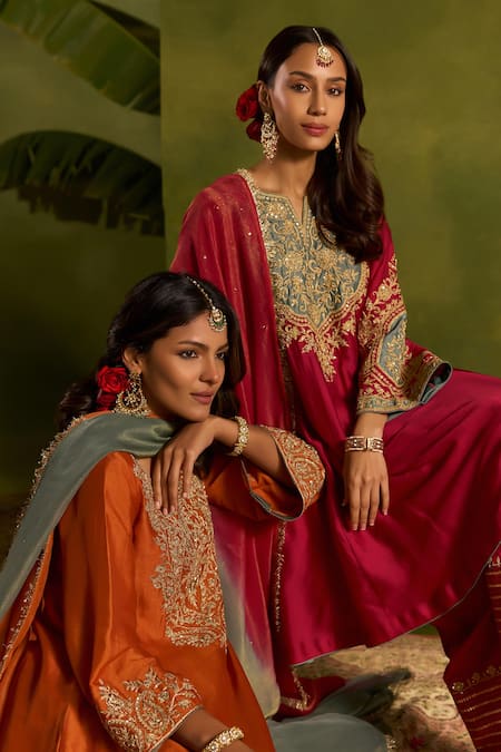 Buy_Kritika Dawar_Pink Silk, Tissue Embroidery, Zari, Applique Split Aafreen Hand Kurta Set 