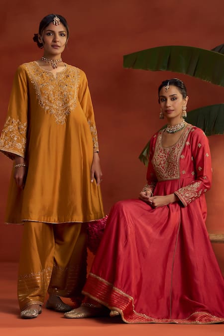Shop_Kritika Dawar_Yellow Silk, Tissue Embroidery, Zari Split V-neck, Yes Hasrat Kurta Set _Online_at_Aza_Fashions