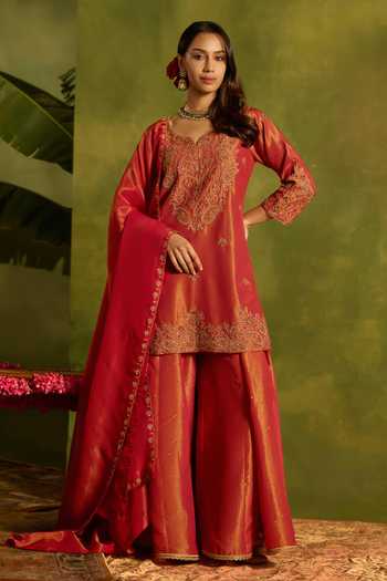 Buy_Kritika Dawar_Coral Tissue Embroidery, Zari Zubeida Hand Short Kurta Sharara Set _Online_at_Aza_Fashions