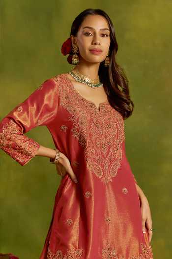 Shop_Kritika Dawar_Coral Tissue Embroidery, Zari Zubeida Hand Short Kurta Sharara Set _Online_at_Aza_Fashions