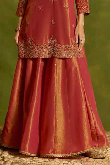 Kritika Dawar_Coral Tissue Embroidery, Zari Zubeida Hand Short Kurta Sharara Set _at_Aza_Fashions