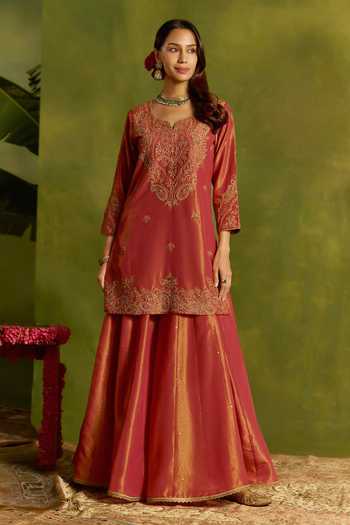 Shop_Kritika Dawar_Coral Tissue Embroidery, Zari Zubeida Hand Short Kurta Sharara Set 