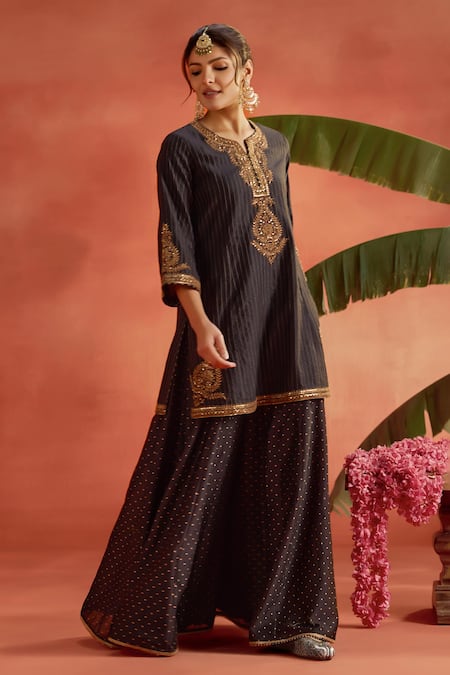 Shop_Kritika Dawar_Black Silk, Chanderi, Organza Nooraya Stripe Pattern Kurta Sharara Set _Online_at_Aza_Fashions