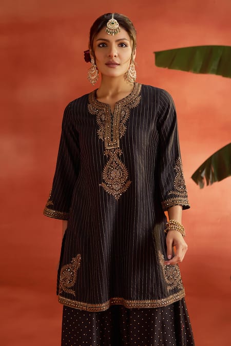 Buy_Kritika Dawar_Black Silk, Chanderi, Organza Nooraya Stripe Pattern Kurta Sharara Set 