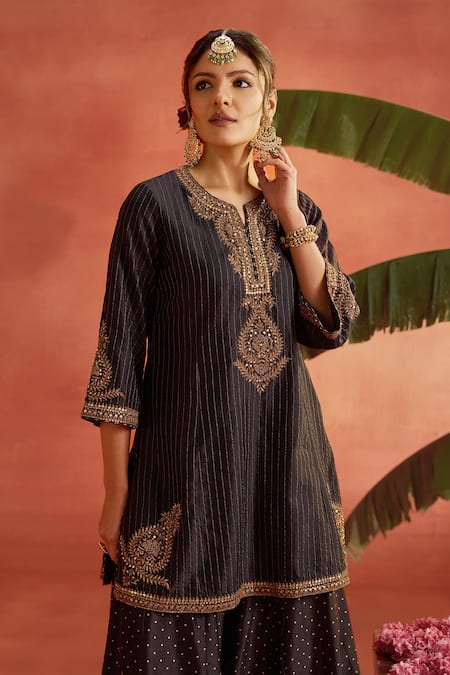 Shop_Kritika Dawar_Black Silk, Chanderi, Organza Nooraya Stripe Pattern Kurta Sharara Set 