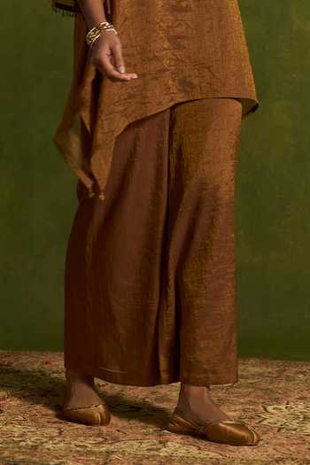 Kritika Dawar_Brown Chanderi, Tissue Embroidery, Tassels Sitara Asymmetric Kurta And Pant Set _Online_at_Aza_Fashions