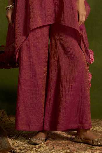 Buy_Kritika Dawar_Pink Chanderi, Tissue Tassels V-neck, Yes Sitara Asymmetric Hem Kurta And Pant Set _Online_at_Aza_Fashions