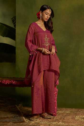 Shop_Kritika Dawar_Pink Chanderi, Tissue Tassels V-neck, Yes Sitara Asymmetric Hem Kurta And Pant Set _Online_at_Aza_Fashions