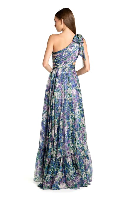 Mac Duggal Floral Print Chiffon One Shoulder Gown 