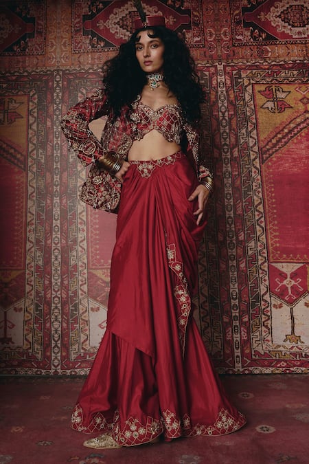 Aditi Gupta Floral Chatai Work Jacket & Draped Skirt Set 