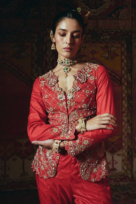 Aditi Gupta Red Silk Embroidery, Pearls, Zari, Fabric Flowers V-neck Jacket And Sharara Set Online at Aza Fashions Aditi Gupta_Red Silk Embroidery, Pearls, Zari, Fabric Flowers V-neck Jacket And Sharara Set _Online_at_Aza_Fashions