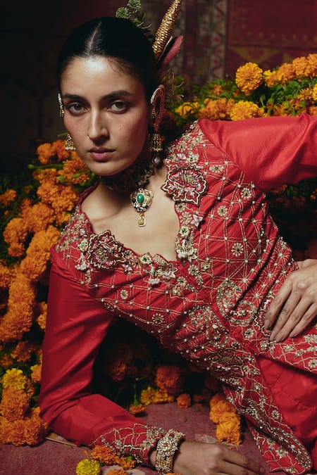 Buy Aditi Gupta Red Silk Embroidery, Pearls, Zari, Fabric Flowers V-neck Jacket And Sharara Set Buy_Aditi Gupta_Red Silk Embroidery, Pearls, Zari, Fabric Flowers V-neck Jacket And Sharara Set
