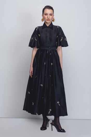 LEH STUDIOS Black Silk, Cotton Zari, Sequins Collared Fons Floral Embroidered Dress Online at Aza Fashions LEH STUDIOS_Black Silk, Cotton Zari, Sequins Collared Fons Floral Embroidered Dress _Online_at_Aza_Fashions