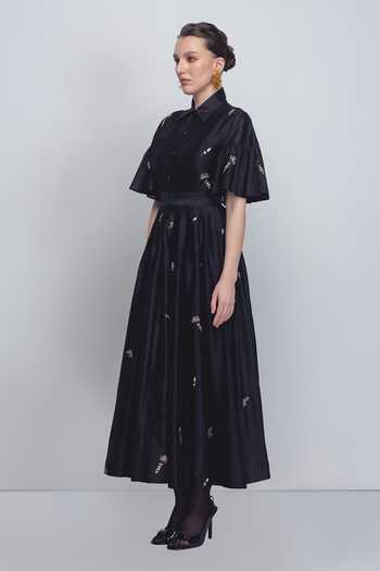 Buy LEH STUDIOS Black Silk, Cotton Zari, Sequins Collared Fons Floral Embroidered Dress Online at Aza Fashions Buy_LEH STUDIOS_Black Silk, Cotton Zari, Sequins Collared Fons Floral Embroidered Dress _Online_at_Aza_Fashions