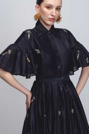 Shop LEH STUDIOS Black Silk, Cotton Zari, Sequins Collared Fons Floral Embroidered Dress Online at Aza Fashions Shop_LEH STUDIOS_Black Silk, Cotton Zari, Sequins Collared Fons Floral Embroidered Dress _Online_at_Aza_Fashions