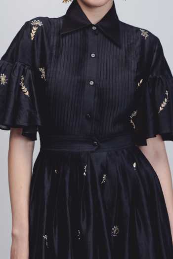 LEH STUDIOS Black Silk, Cotton Zari, Sequins Collared Fons Floral Embroidered Dress at Aza Fashions LEH STUDIOS_Black Silk, Cotton Zari, Sequins Collared Fons Floral Embroidered Dress _at_Aza_Fashions