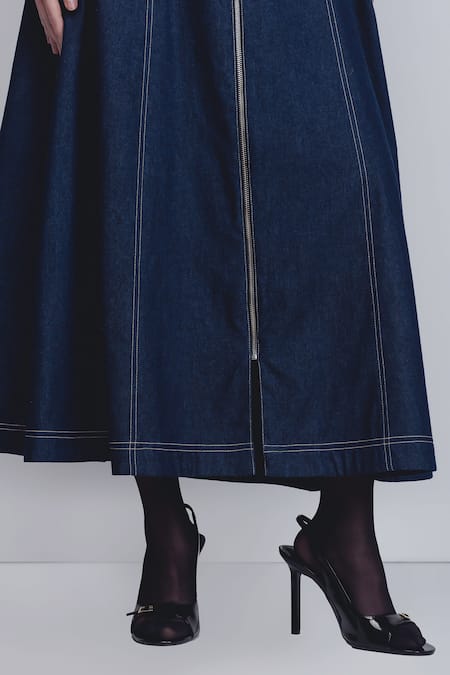 Buy_Leh Studios_Blue Cotton V-neck Denim Panelled Dress _Online_at_Aza_Fashions