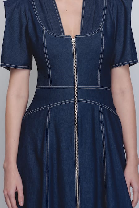 Shop_Leh Studios_Blue Cotton V-neck Denim Panelled Dress _Online_at_Aza_Fashions