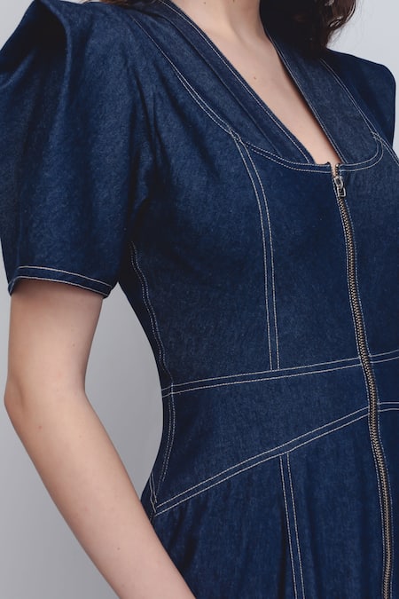 Leh Studios_Blue Cotton V-neck Denim Panelled Dress _at_Aza_Fashions