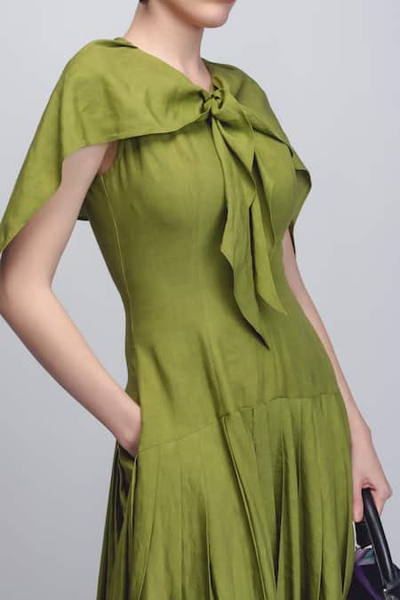 Leh Studios_Green Linen Jill Dress _at_Aza_Fashions
