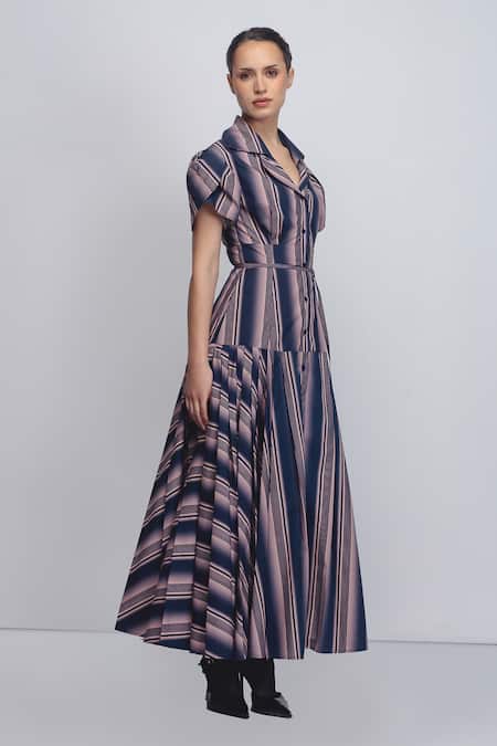 Leh Studios_Pink Cotton Collared Gami Stripe Pattern Dress _Online_at_Aza_Fashions