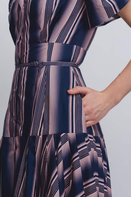 Shop_Leh Studios_Pink Cotton Collared Gami Stripe Pattern Dress _Online_at_Aza_Fashions