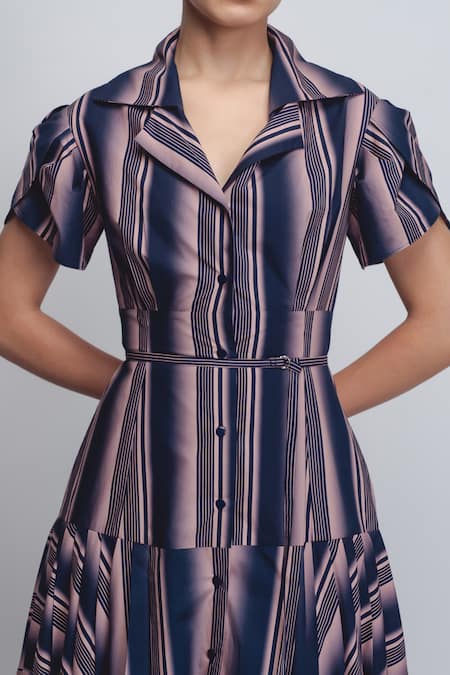Leh Studios_Pink Cotton Collared Gami Stripe Pattern Dress _at_Aza_Fashions