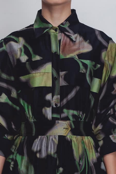 Leh Studios_Black Silk, Cotton Collared Paron Print Pleated Dress _Online_at_Aza_Fashions