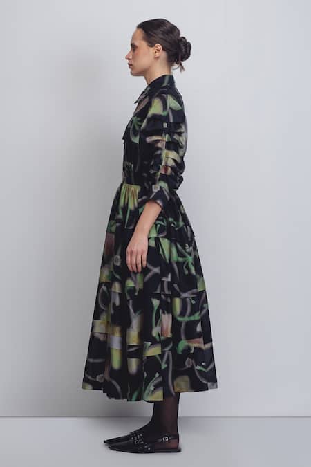 Buy_Leh Studios_Black Silk, Cotton Collared Paron Print Pleated Dress _Online_at_Aza_Fashions