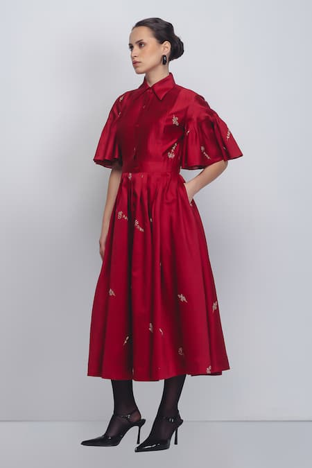 Leh Studios_Red Silk, Cotton Embroidery, Sequins, Zari Collared Fons Thread Work Dress _Online_at_Aza_Fashions
