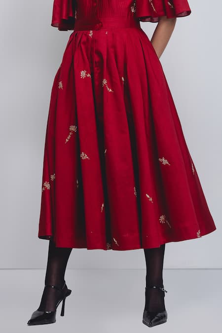 Shop_Leh Studios_Red Silk, Cotton Embroidery, Sequins, Zari Collared Fons Thread Work Dress _Online_at_Aza_Fashions