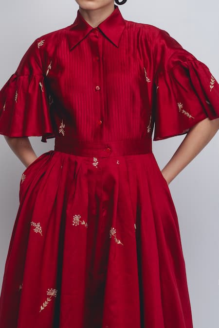 Leh Studios_Red Silk, Cotton Embroidery, Sequins, Zari Collared Fons Thread Work Dress _at_Aza_Fashions