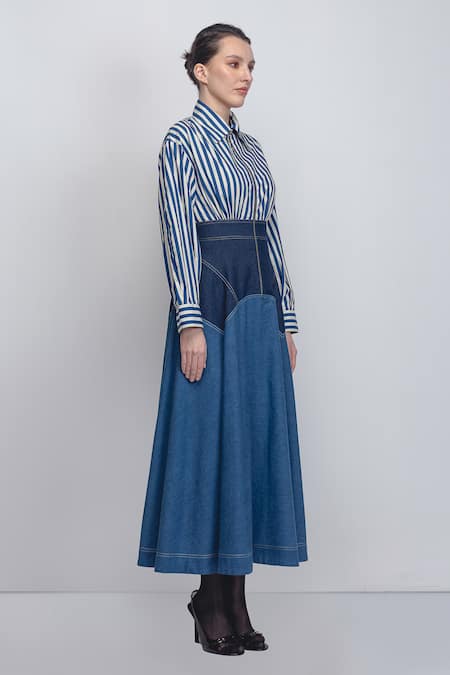 Buy Leh Studios Blue Cotton Collared Rini Stripe Pattern Dress Online at Aza Fashions Buy_Leh Studios_Blue Cotton Collared Rini Stripe Pattern Dress _Online_at_Aza_Fashions
