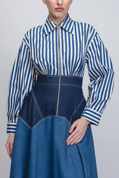 Shop Leh Studios Blue Cotton Collared Rini Stripe Pattern Dress Online at Aza Fashions Shop_Leh Studios_Blue Cotton Collared Rini Stripe Pattern Dress _Online_at_Aza_Fashions