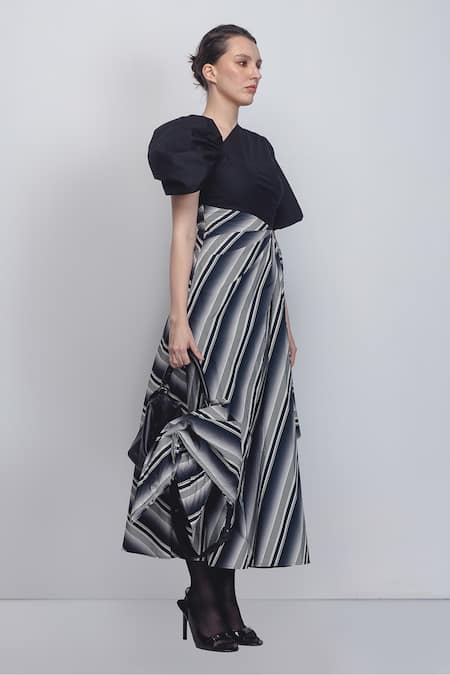 Leh Studios_Black Cotton Asymmetric Anja Stripe Print Dress _Online_at_Aza_Fashions
