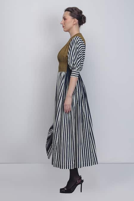 Leh Studios_Black Cotton High , Keyhole Beri Vertical Stripe Print Dress _Online_at_Aza_Fashions