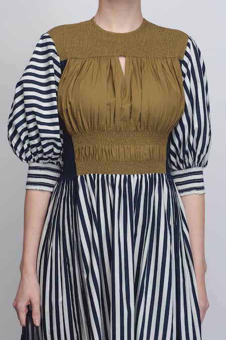 Shop_Leh Studios_Black Cotton High , Keyhole Beri Vertical Stripe Print Dress _Online_at_Aza_Fashions