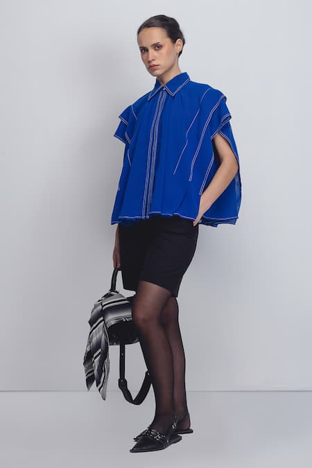 Buy_Leh Studios_Blue Viscose, Polyester Collared Tako Thread Placement Embroidered Top _Online_at_Aza_Fashions