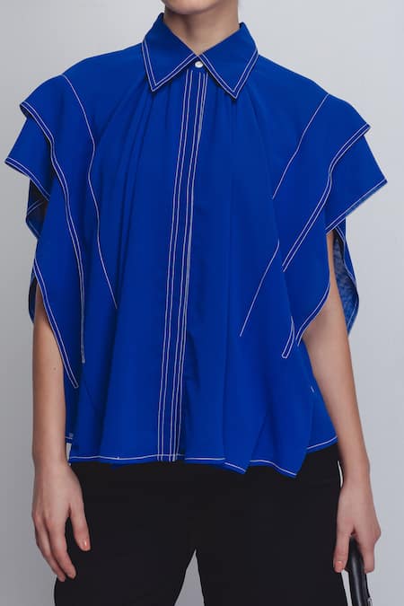 Shop_Leh Studios_Blue Viscose, Polyester Collared Tako Thread Placement Embroidered Top _Online_at_Aza_Fashions