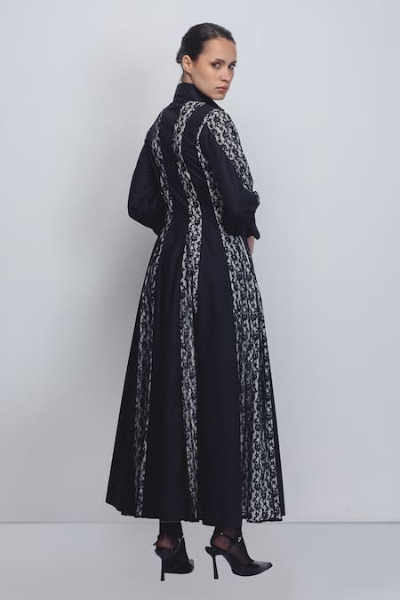 Leh Studios_Black Cotton Lace Collared Panelled Dress _Online_at_Aza_Fashions
