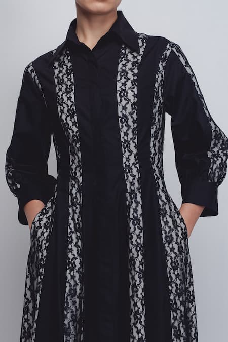 Buy_Leh Studios_Black Cotton Lace Collared Panelled Dress _Online_at_Aza_Fashions
