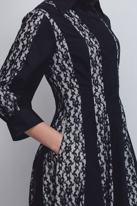 Leh Studios_Black Cotton Lace Collared Panelled Dress _at_Aza_Fashions