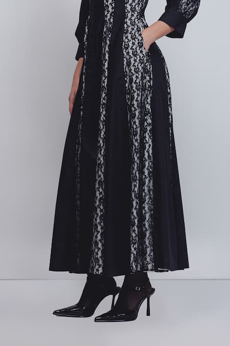 Buy_Leh Studios_Black Cotton Lace Collared Panelled Dress 