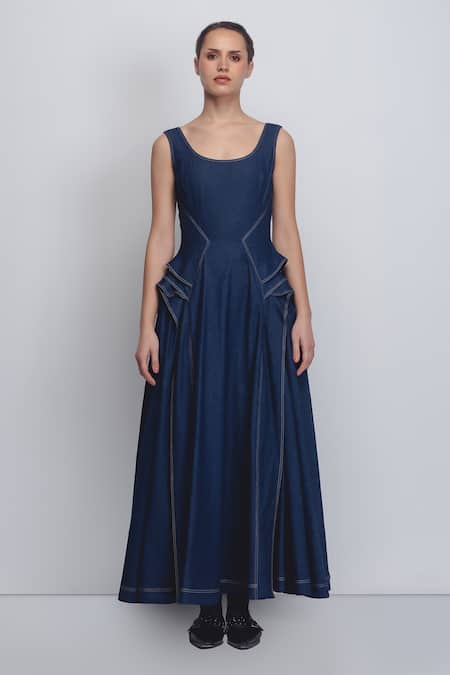 Leh Studios_Blue Cotton Scoop Neck Hani Sleeveless Dress _Online_at_Aza_Fashions