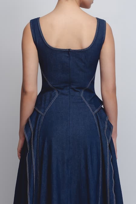 Leh Studios_Blue Cotton Scoop Neck Hani Sleeveless Dress _at_Aza_Fashions