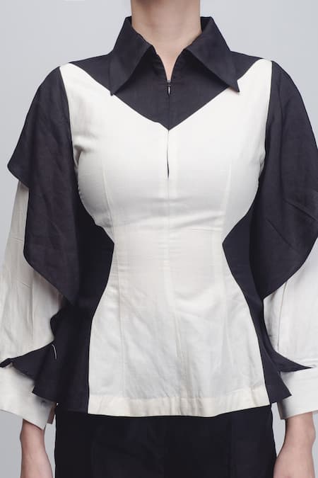 Buy_Leh Studios_Black Linen Collared Strella Colorblock Top _Online_at_Aza_Fashions